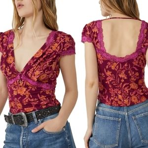 Free People Floral Print Cap Sleeve Top W/ Lace Trim Detail